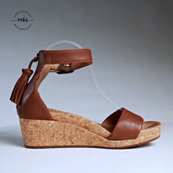 UGG Zoe Wedge Leather Tassel Sandals Chestnut Women 8 - Picture 7 of 13